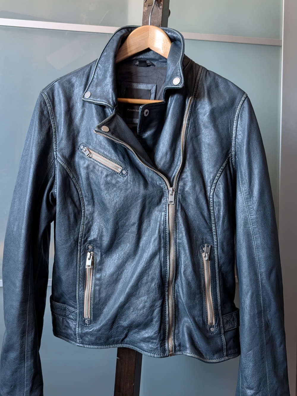 Sofia Lambskin Moto Jacket By MAURITIUS Blue Leather with Zip Pockets